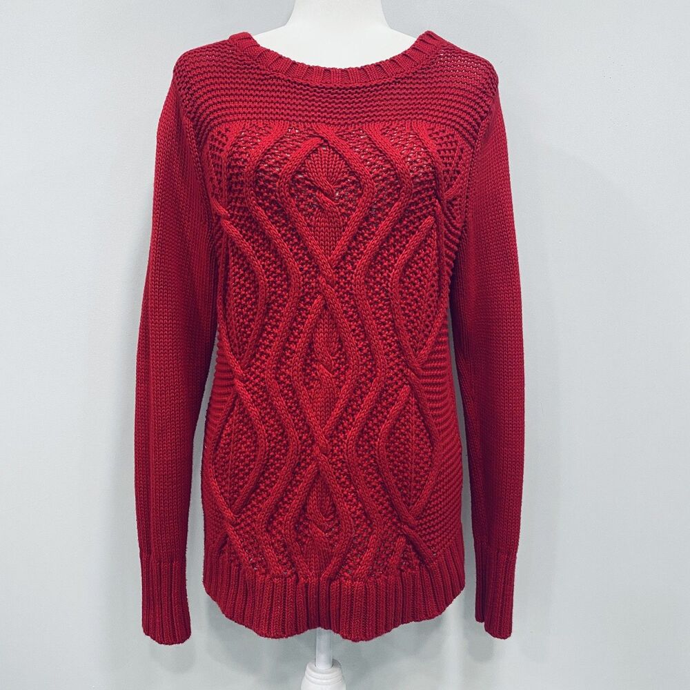 Lands’ End Drifter Sweater M Red Fisherman Cable Knit Cotton Pullover Christmas